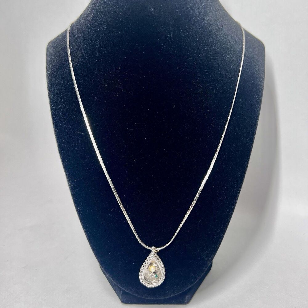 Vintage Miass Silver Tone Florida Palm Tree Pearl Pendant Necklace 23.5"